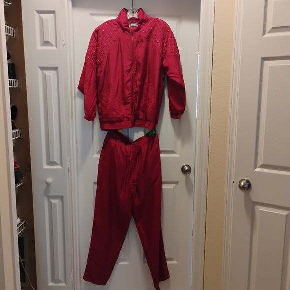 NWT Vintage EVR 80s 90s 100% Silk Windbreaker SweatSuit Red Quilted Studded Sz L - Picture 1 of 14